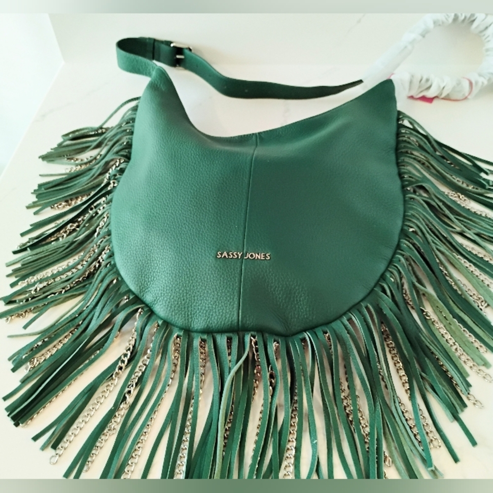 NWT Sassy Jones Leather Bag - Green Dina Fringe Pebbled Leather Hobo